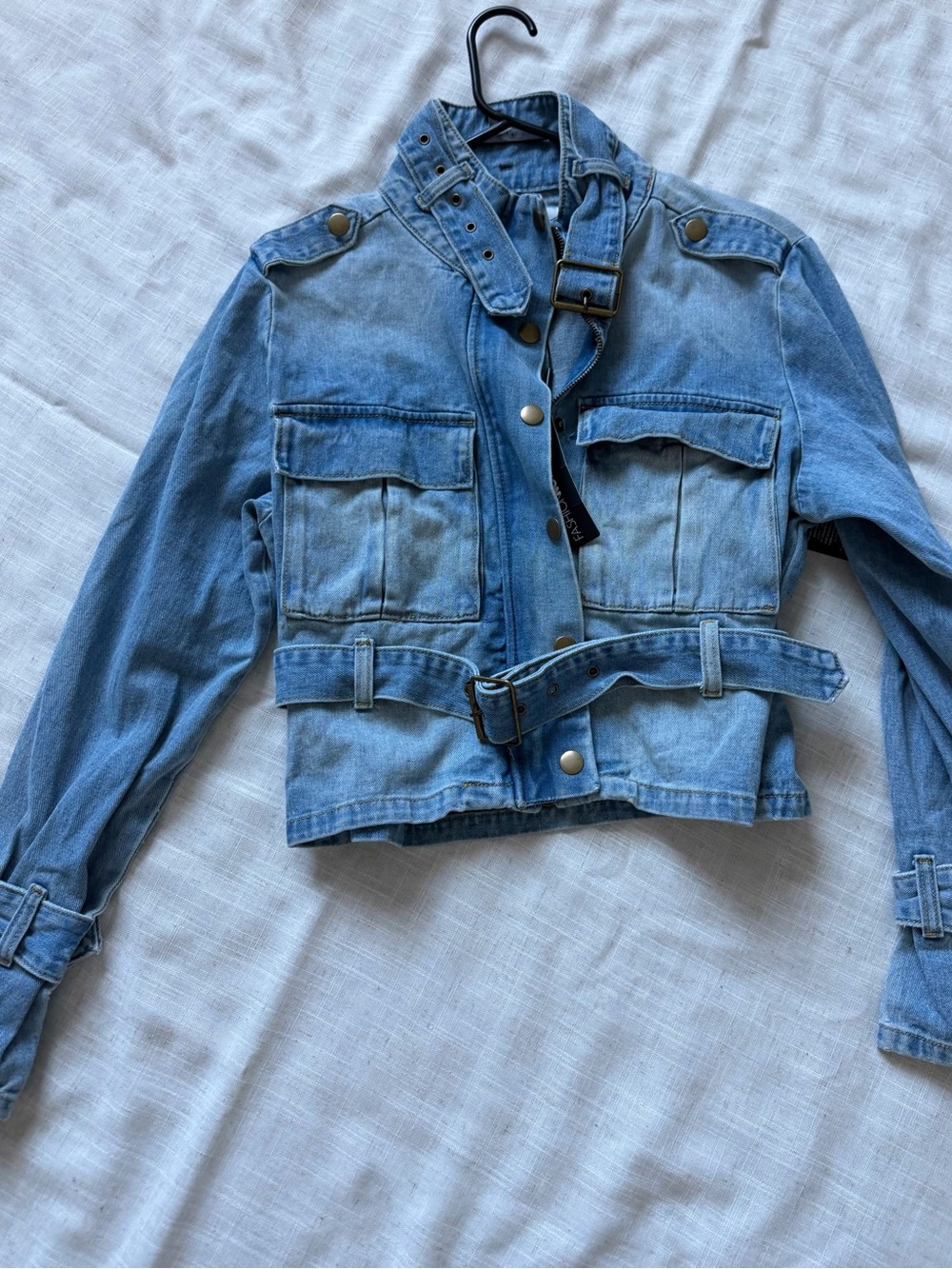 Fashion Nova Light Blue Belted Denim Jacket